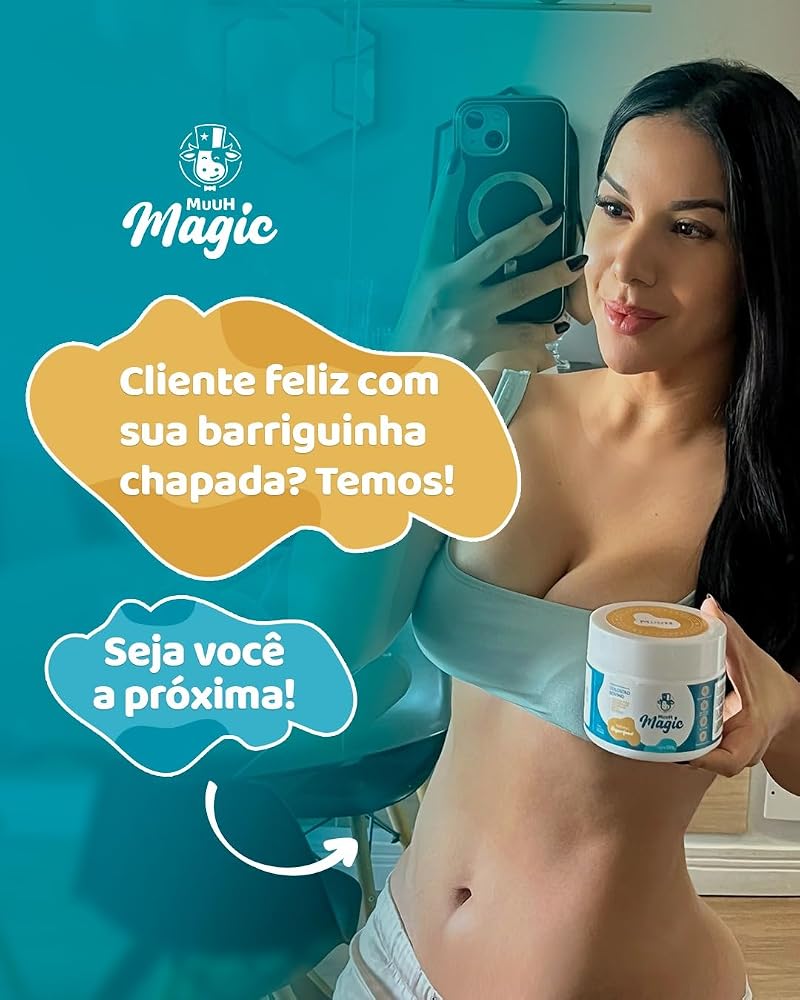 Cliente feliz com a barriga chapada segurando o Magic Muuh