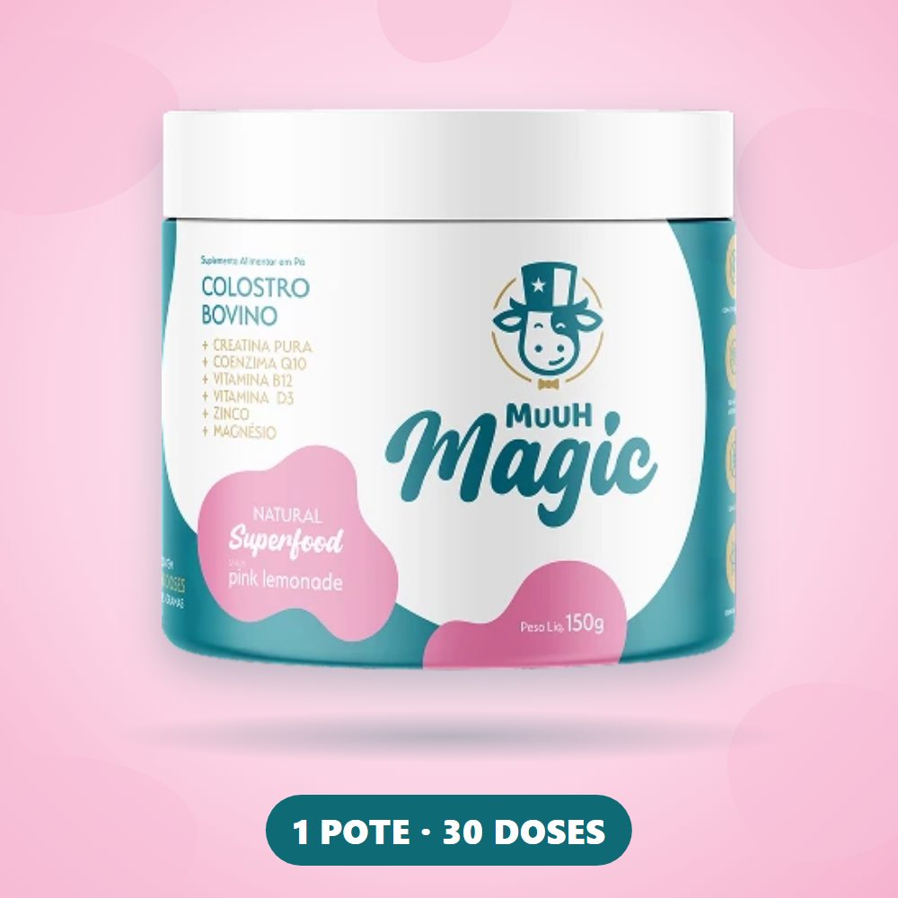 Pote de Magic Muuh 150 g, colostro bovino com creatina, sabor pink lemonade